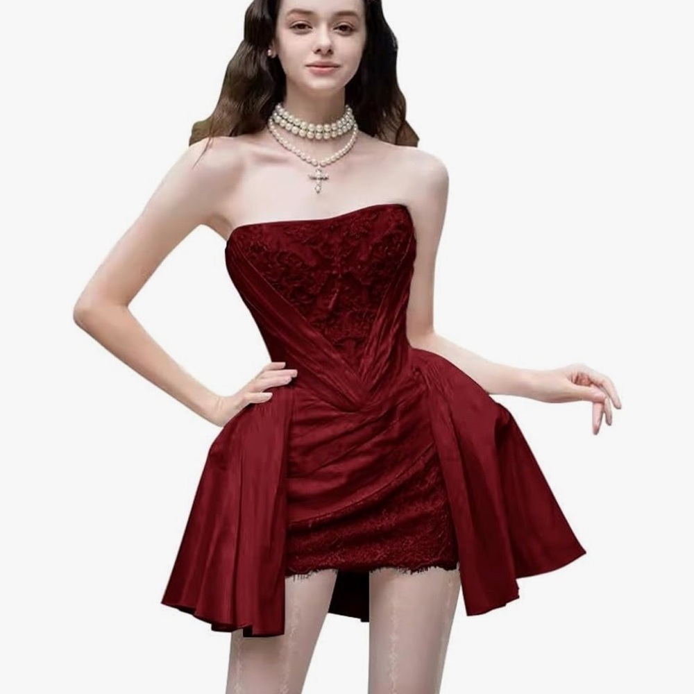 Burgundy Strapless Dress with Lace Appliqué